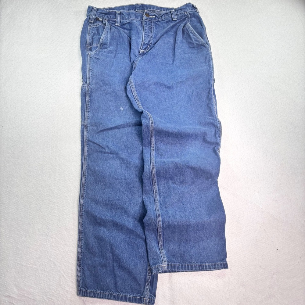 Carhartt FR Carpenter Jeans Distressed Blue Denim Workwear Pants Mens 34x32